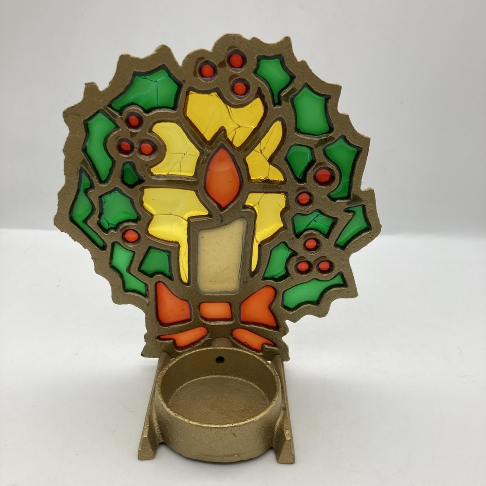 Vintage STAINED GLASS Cast Iron Wreath CANDLE HOLDER MCM 70s Christmas - Picture 9 of 11